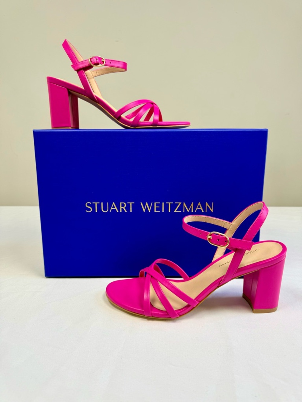 Stuart Weitzman 75MM Starla Leather Block Heel Sandals - Peonia Size 5